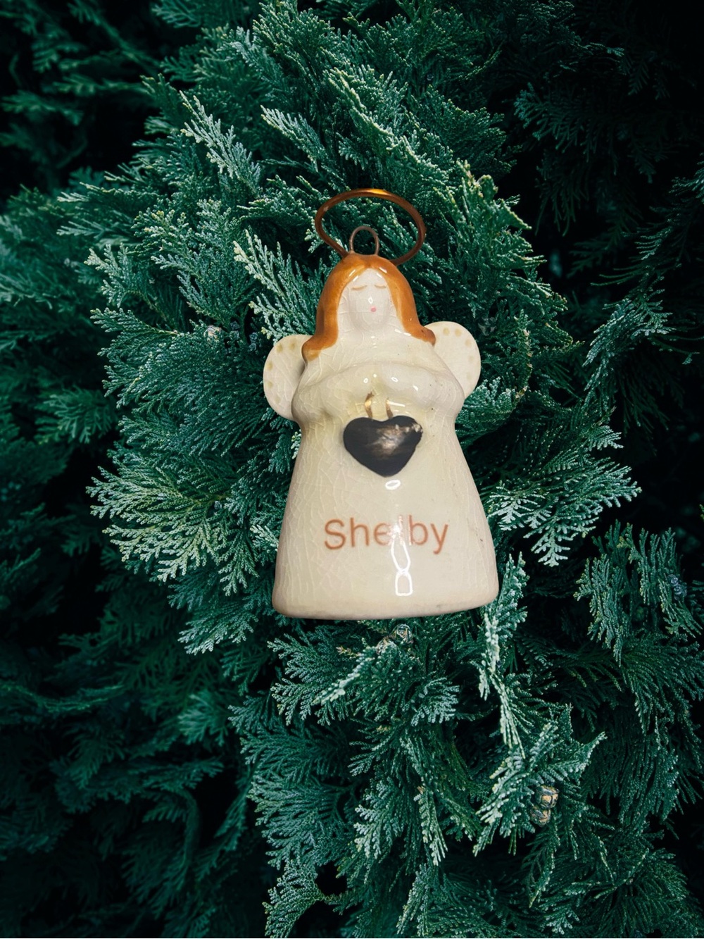 Russ Berrie Cream and Brown Angel Ornament with Black Heart